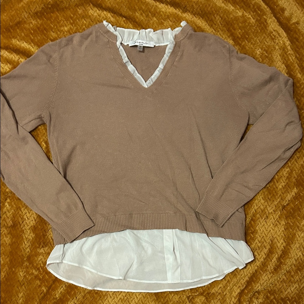 Chic Tan Sweater with White Ruffle Detail